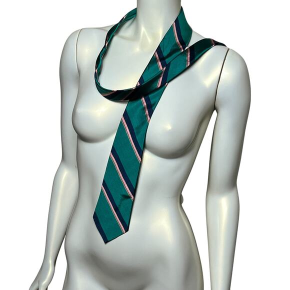 Vintage Christian Dior Teal Blue Pink Striped All Silk Neck Tie Made in USA - Picture 10 of 10